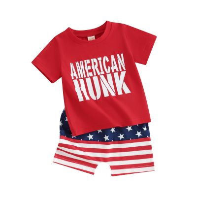 0-3T 4th of July Baby Boy Outfit Amacian T Shirt Tees Tops Stars and Stripes Shorts Infant Toddle Summer Clothes (Red-Hunk, 18-24 Months)