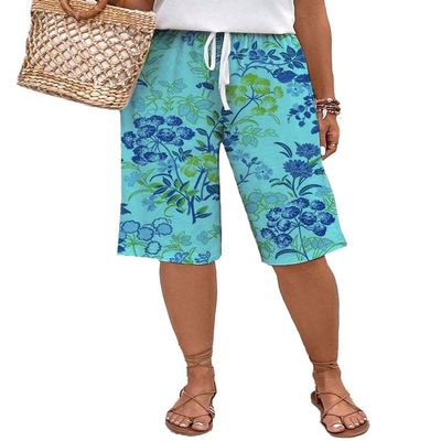 Akivide Women Summer Loose Linen Shorts Casual Boho Floral Print High Waist Drawstring Wide Leg Vacation Beach Short Pant Plus Size with Pockets