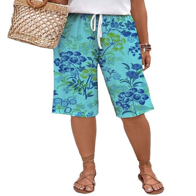 Akivide Women Summer Loose Linen Shorts Casual Boho Floral Print High Waist Drawstring Wide Leg Vacation Beach Short Pant Plus Size with Pockets