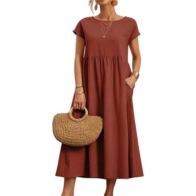 Akivide Women's Summer Cotton Linen Short Sleeve Dress Crew Neck Loose Casual Tunic Beach Dresses with Pockets