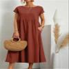 Akivide Women's Summer Cotton Linen Short Sleeve Dress Crew Neck Loose Casual Tunic Beach Dresses with Pockets view 3