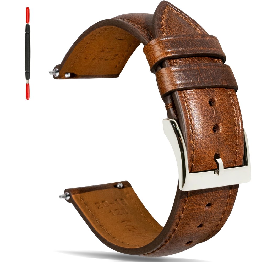 Gomvadr Quick Release Leather Watch Bands for Men 14mm 16mm 18mm 19mm 20mm XL 21mm 22mm XXL 24mm ,Vintage Oil Wax-tanned Pull-up Men's Watch Bands Replacement Leather Watch Straps for Men Women(Cognac with Matching Stitch,20mm-Regular)