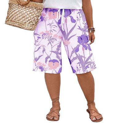 Akivide Women Summer Loose Linen Shorts Casual Boho Floral Print High Waist Drawstring Wide Leg Vacation Beach Short Pant Plus Size with Pockets