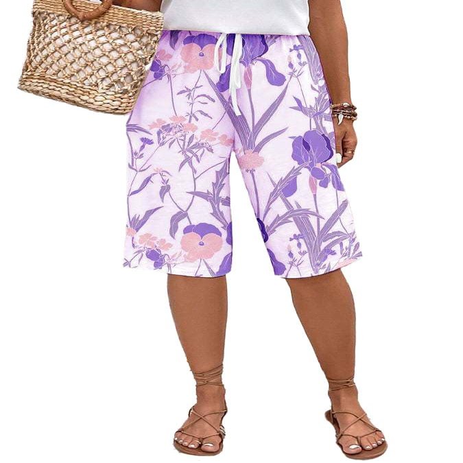 Akivide Women Summer Loose Linen Shorts Casual Boho Floral Print High Waist Drawstring Wide Leg Vacation Beach Short Pant Plus Size with Pockets