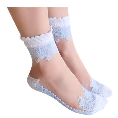 YOLAI 1 Pair Women'S Mesh Sheer Socks Ankle High Socks Lace Socks Lightweight Transparent Novelty Crew (Blue, One Size)
