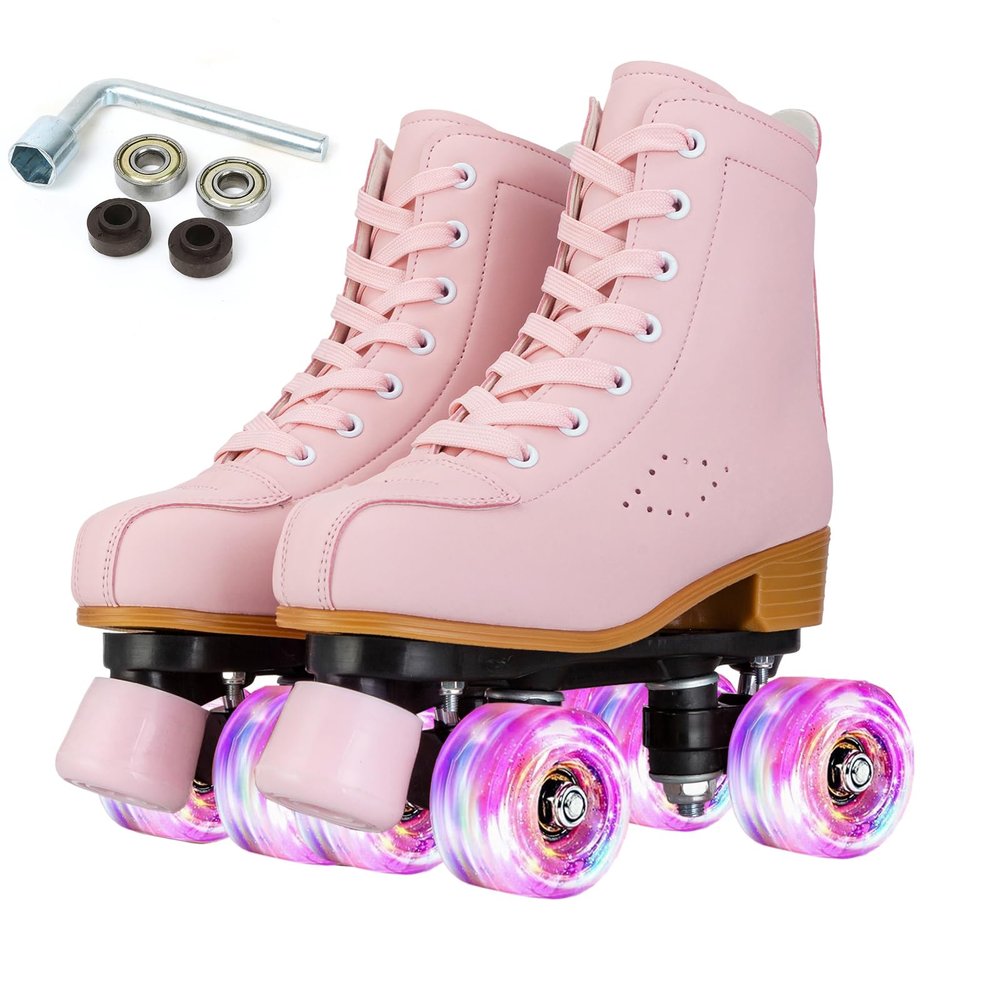Silvertree Roller Skates for Women and Girls PU Leather High-top Adult Roller Derby Skates Wheels Light Up Roller Skates Four-Wheel Shiny Roller Skates for Girls Boys Men Unisex