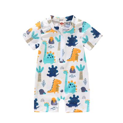 Hnyenmcko Infant Baby Boy Girls Rash Guard Swimsuit Short Sleeve Zipper Bathing Suit Toddler One Piece Swimwear Sunsuit (Dinosaur-Blue, 1-2 Years)
