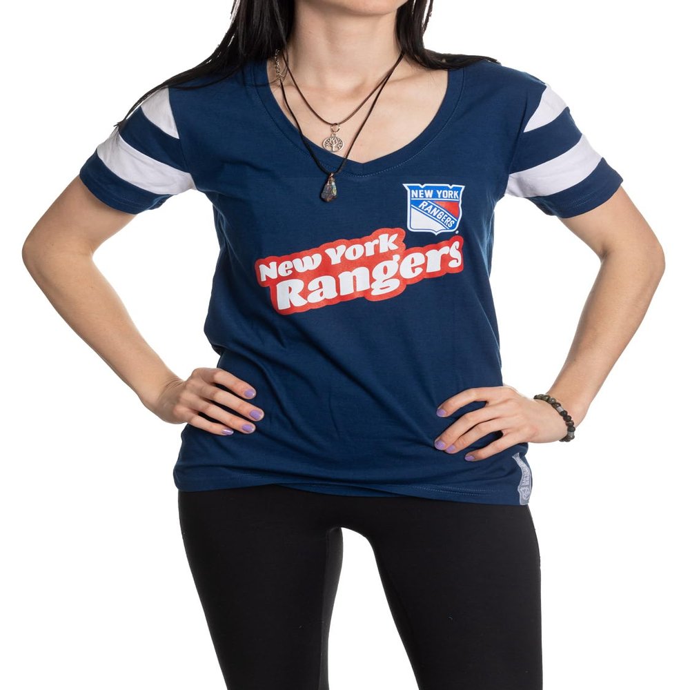Calhoun NHL Womens Retro Varsity Short Sleeve Cotton V-Neck T-Shirt (New York Rangers, XX-Large)