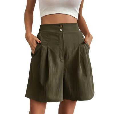 GOKKILRW Casual Loose Large Shorts Women Wide Leg Lightweight Pleated Palazzo Business Work Office Dress Short Pants High Waist Boho Summer Vacation Beach Shorts Linen Short Green