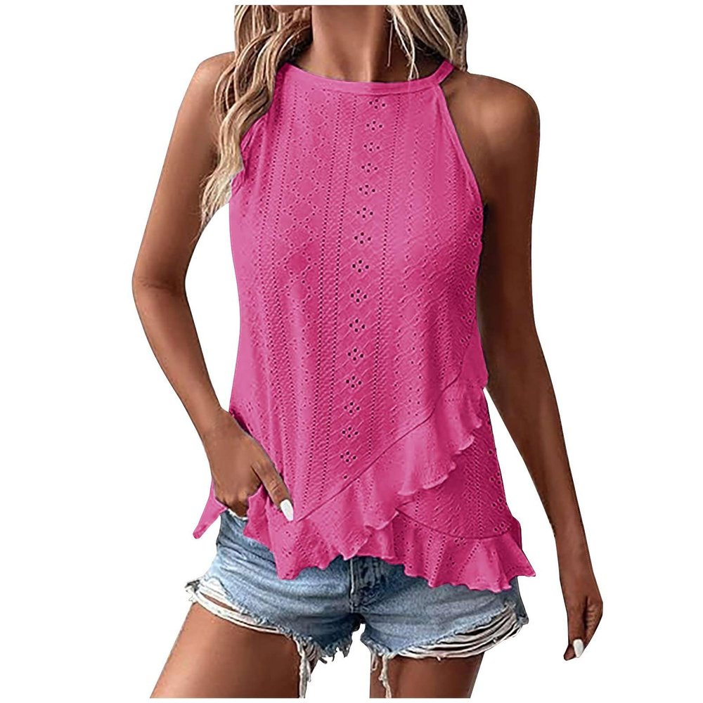 2024 Summer Tank Top for Women Loose Fit High Neck Sleeveless Halter Tops Pleated Eyelet Flowy Cami Shirts Blouses