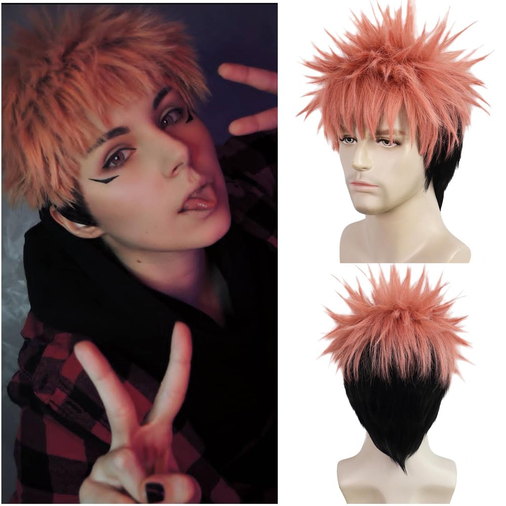 HUNIGIR Itadori Yuji Wig Pink Black Anime Wig Short Pink Mens Cosplay Hair Heat Resistant Synthetic Halloween Costume