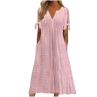 Summer wrap Dresses for Women 2026 Elegant Summer Dresses for Women 2026 Trendy Tie Short Sleeve Button Down v Neck Eyelet Maxi Long Tshirt Dress Boho Maxi Dress for Women Pink L