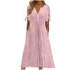 Summer wrap Dresses for Women 2026 Elegant Summer Dresses for Women 2026 Trendy Tie Short Sleeve Button Down v Neck Eyelet Maxi Long Tshirt Dress Boho Maxi Dress for Women Pink L view 1