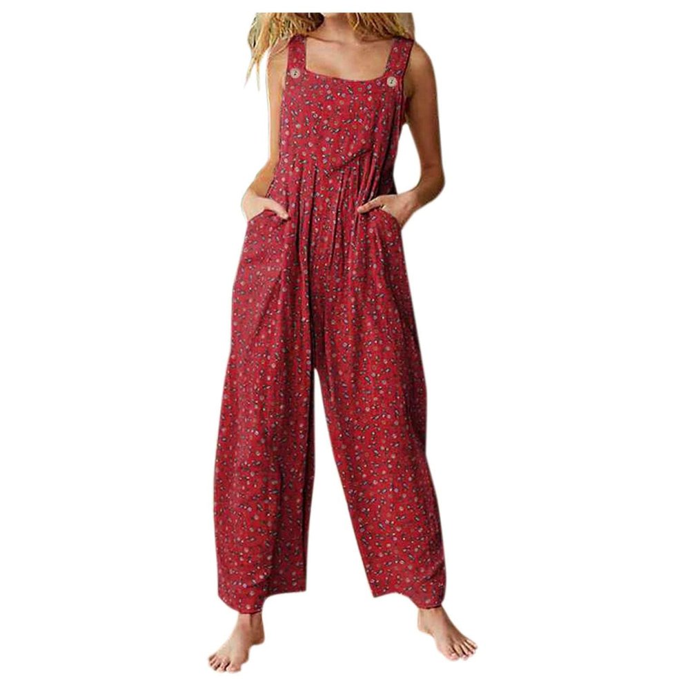 SACFOF Women's Casual Loose Overalls Jumpsuits One Piece Sleeveless Floral Printed Wide Leg Bib OverallRompers With Pockets