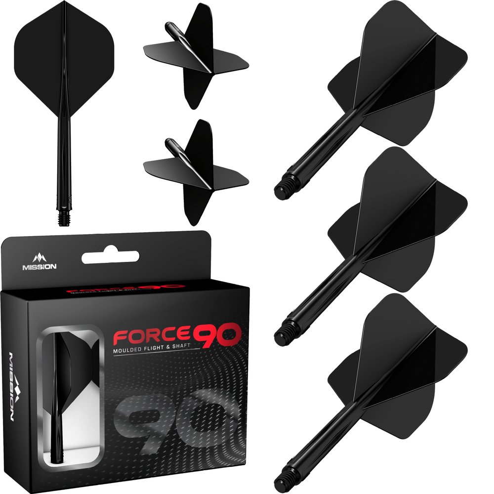 Mission Darts Force 90 | Integrated Precision Moulded Dart Flight And Shaft System, Pack of 3 Professional Durable 2-In-1 Combined Dart Flights And Stems | Standard No.2 (Black, Tweenie)