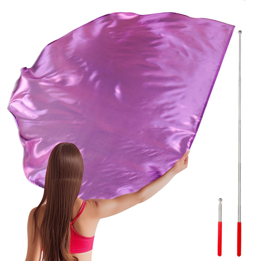 RooYoon 59" Worship Flags with Scalable Rod, Soft Metallic Semicircle Polyester Flag for Dance Practice Performance, Praise Dance Flags, Divine Flag, Church Banner, Large (Purple)