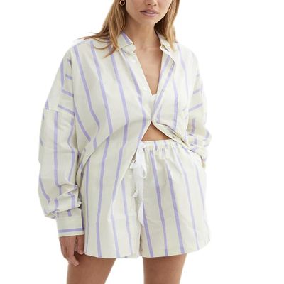 Argeousgor Women Striped 2 Piece Outfits Y2K Button Down Shirts Lounge Matching Short Sets Casual Summer Sweatsuit