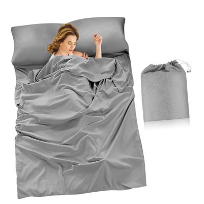 POPETPOP Hotel Sleep Sack Travel Sleeping Bag Liner for Backpacking Lightweight Polyester Compact Breathable for Camping Hiking and Hotel Stays Silver Gray