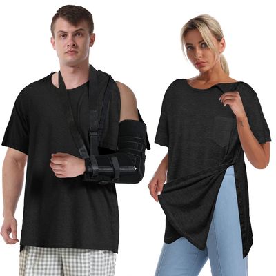 Post Shoulder Surgery Shirts for Women Unisex Snap Tear Away Shirt for Men Short Sleeve Chemo Port Access Adaptive Clothing Black XL