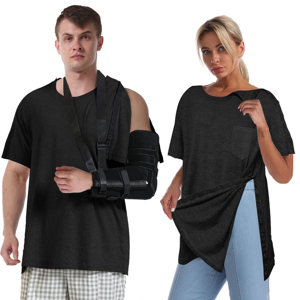 Post Shoulder Surgery Shirts for Women Unisex Snap Tear Away Shirt for Men Short Sleeve Chemo Port Access Adaptive Clothing Black XL