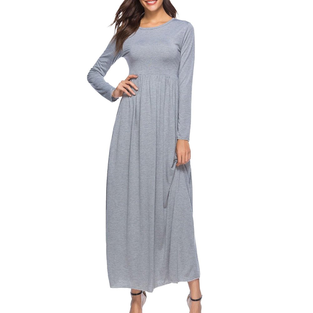JEKE-DG Women's Casual Long Sleeve Dresses Casual Waist Flowy Party Vintage Dress Waist Round Neck Long Dresses (3X-Large,Grey)
