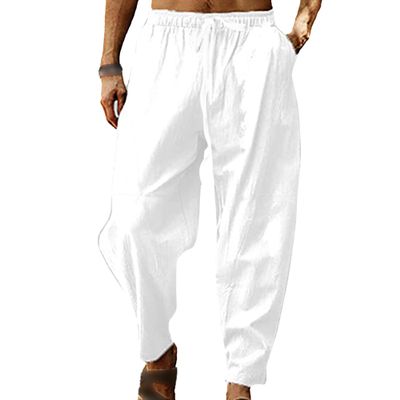 JEsilunmaMY Men's Cotton Linen Drawstring Jogger Pants Elastic Waist Lightweight Casual Pants Loose Summer Beach Yoga Pants (White,Medium)