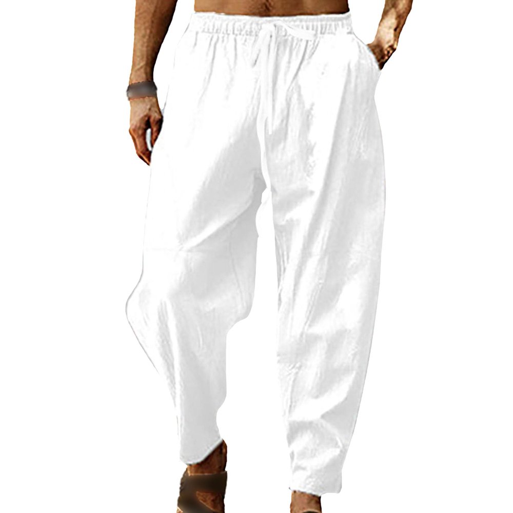 JEsilunmaMY Men's Cotton Linen Drawstring Jogger Pants Elastic Waist Lightweight Casual Pants Loose Summer Beach Yoga Pants (White,Medium)