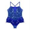 Linjinx Women's Sequin Tassel Latin Dance Dress Mesh Patchwork Backless Leotard Bodysuit Dancewear Royal_Blue Large view 4