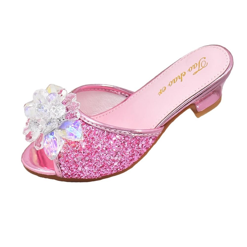 Auhoho Girls Summer Low Heels Crystal Sandals Princess Bowknot Rhinestone Slides Pearl Slippers Shoes 13.5 Little Kid,Pink