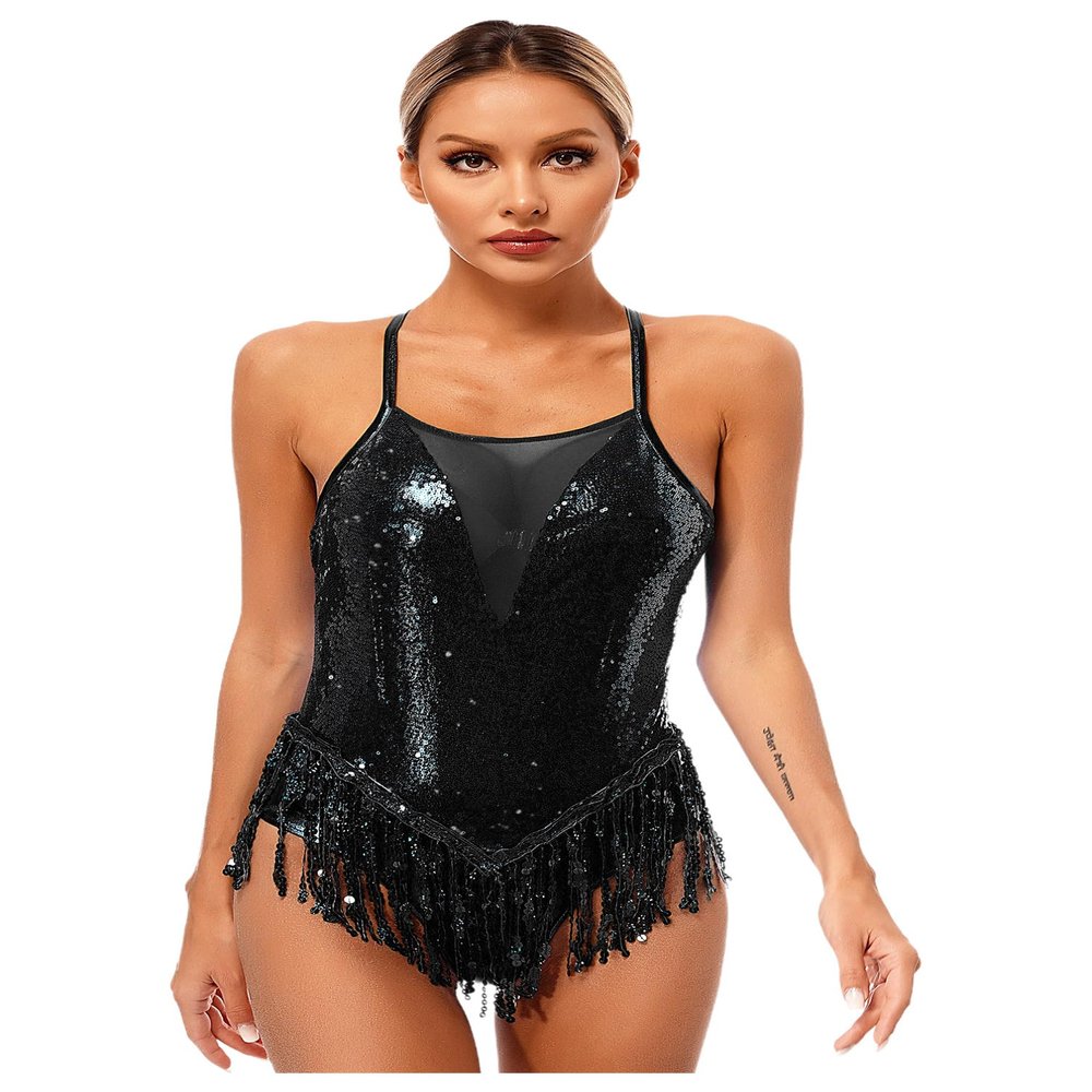 Linjinx Women's Sequin Tassel Latin Dance Dress Mesh Patchwork Backless Leotard Bodysuit Dancewear Black Large