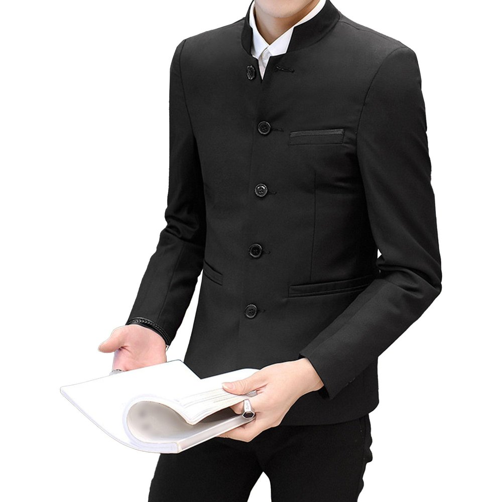 DGHM-JLMY Men's Mandarin Collar Chinese Tunic Suits Traditional Uniform for Wedding Festival Stand Collar Tweed Suit Jackets (Black,XX-Large)