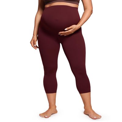 CRZ YOGA Butterluxe Maternity Capris Leggings 21" - Over The Belly Workout Active Yoga Womens Pregnancy Crop Pants Stretchy Red Merlot Medium