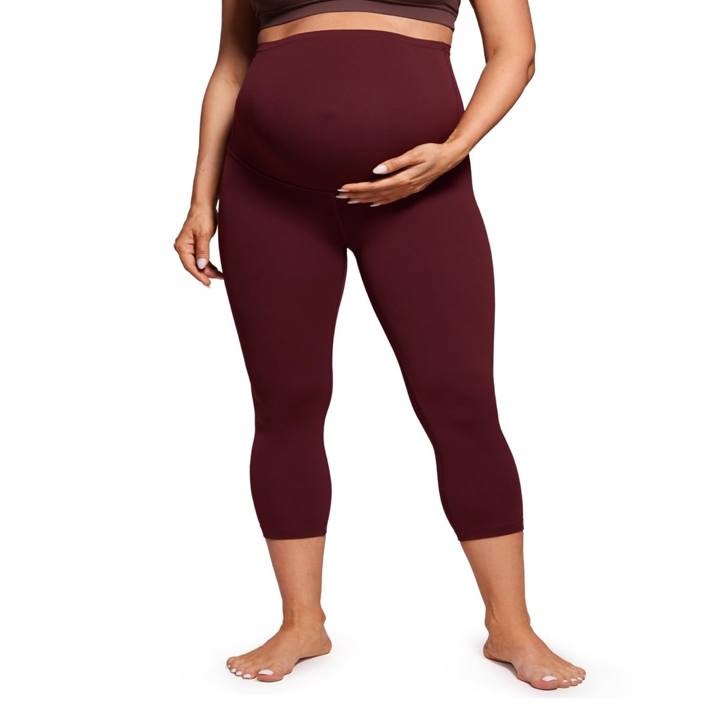 CRZ YOGA Butterluxe Maternity Capris Leggings 21" - Over The Belly Workout Active Yoga Womens Pregnancy Crop Pants Stretchy Red Merlot Medium