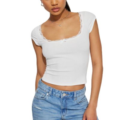 Women Y2K Crop Tops Short Sleeve Ribbed Knit Shirts Cute Bow Embroidery Tee Shirts Teen Girls Slim Fitted Baby Tees (White B, M)