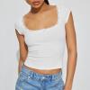 Women Y2K Crop Tops Short Sleeve Ribbed Knit Shirts Cute Bow Embroidery Tee Shirts Teen Girls Slim Fitted Baby Tees (White B, M) view 2