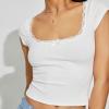 Women Y2K Crop Tops Short Sleeve Ribbed Knit Shirts Cute Bow Embroidery Tee Shirts Teen Girls Slim Fitted Baby Tees (White B, M) view 3