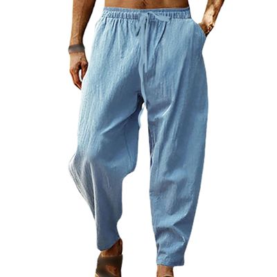 JEsilunmaMY Men's Cotton Linen Drawstring Jogger Pants Elastic Waist Lightweight Casual Pants Loose Summer Beach Yoga Pants (Light Blue,XX-Large)