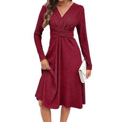 Women's Casual Dress Long Sleeve Wrap V Neck Vintage A Line Dress Elegant Cocktail Party Dresses (XX-Large,Red)