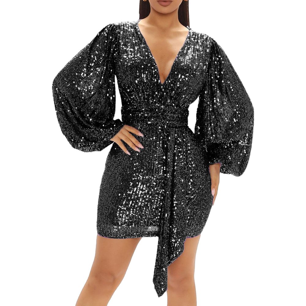 JEKE-DG Women's Deep V Neck Dress Sparkle Sequins Sexy Mini Dresses Long Sleeve Ruched Wrap Cocktail Party Dress (X-Large,Black)