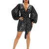 JEKE-DG Women's Deep V Neck Dress Sparkle Sequins Sexy Mini Dresses Long Sleeve Ruched Wrap Cocktail Party Dress (X-Large,Black) view 2
