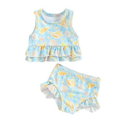 kacubwyy Little Girls Swimsuit Sleeveless Ruffle Top & Shorts Two Piece Tankinis Set Kids Swimwear Bathing