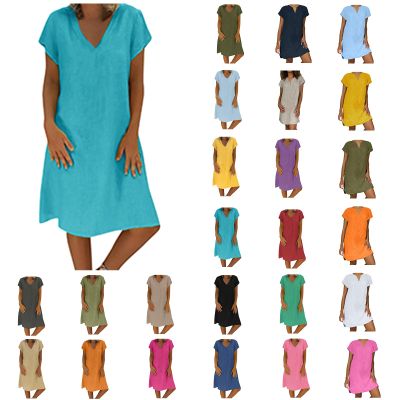maisdgop Dresses for Women 2024 Casual Summer T Shirt Dress Loose V-Neck Solid Color Basic Dresses Short Sleeve Tunic Dress