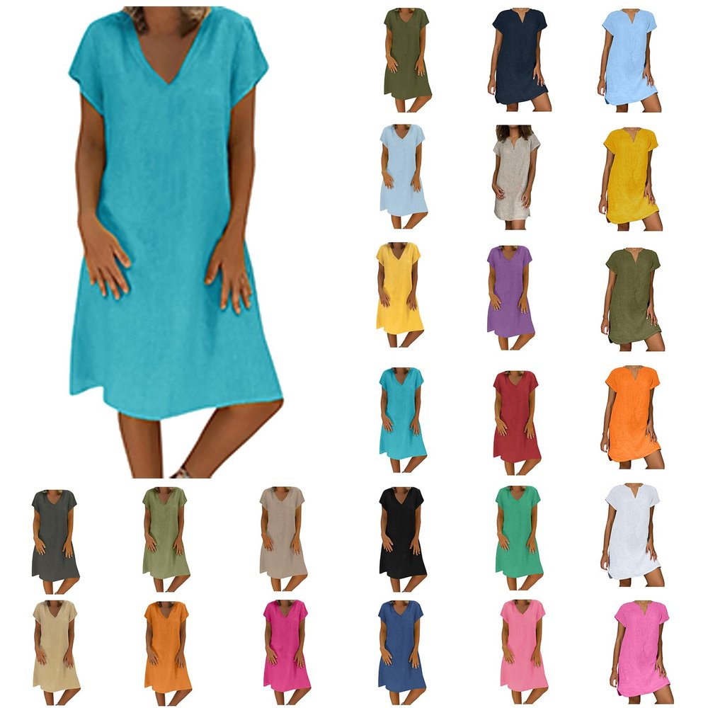 maisdgop Dresses for Women 2024 Casual Summer T Shirt Dress Loose V-Neck Solid Color Basic Dresses Short Sleeve Tunic Dress