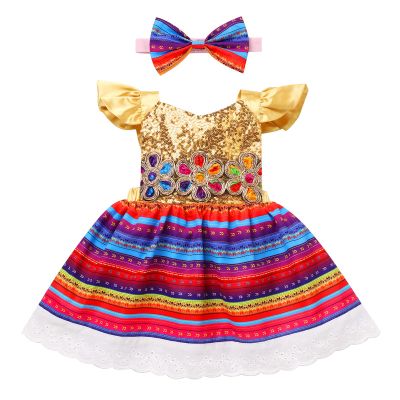 ABEWIP Traditional Mexican Dress Baby Toddler Girl Cinco De Mayo Clothes Sequins Glitter Headband Outfits Gold 12-18M