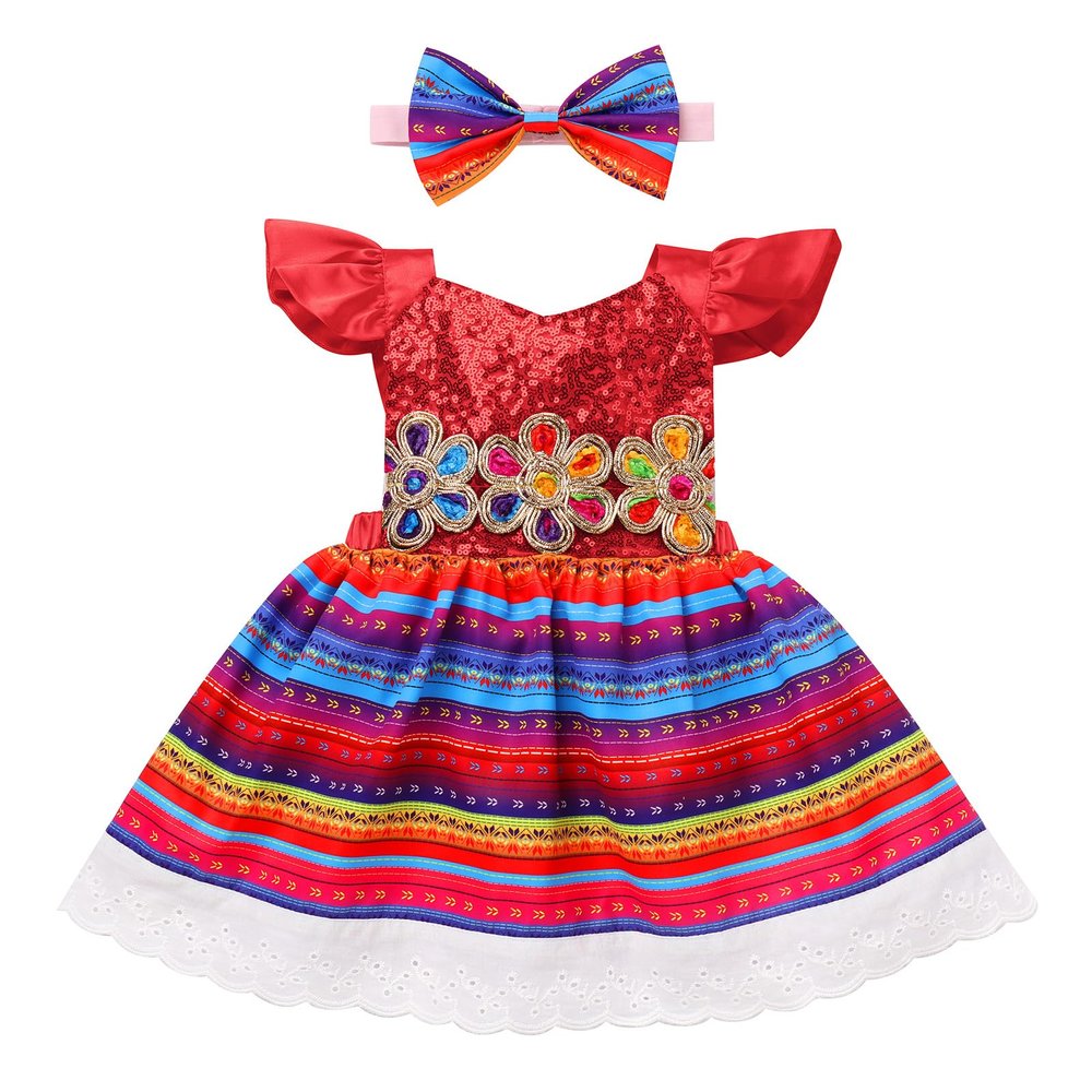 Baby Mexican Traditional Cinco de Mayo Fiesta Dress for Girls - Sequins Ethnic Embroidered Floral Vestidos Tipicos Mexicanos - Red With Headwear - 18-24 Months