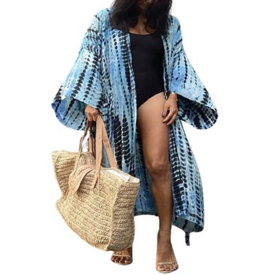 Leyoutx Women's Open Front Tie Dye Long Kimono Cover Ups with Belt Summer Loose Long Kimono Robe Swimsuits (One Size, Blue 2)