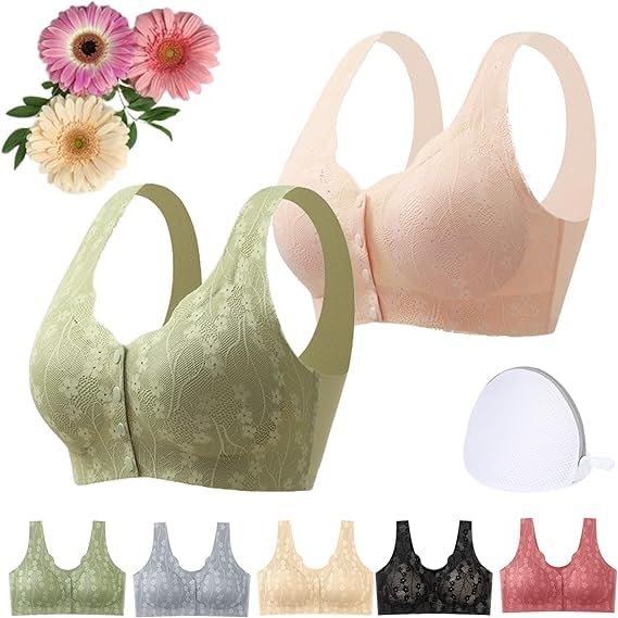 2PCS Comfortable & Convenient Front Button Bra, Front Closure Wirefree Lace Bra for Women, Ultra Light Softer Bra (01,XL)