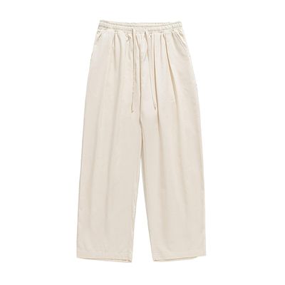JEsilunmaMY Retro Cotton Cargo Pants for Men Elastic Waist Drawstring Casual Pants Loose Fit Outdoor Hiking Straight Pants (Apricot,Large)