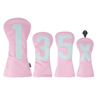 Andux 4Pack/Set PU Large Number Golf 460cc Driver Fairway Woods Hybrids Club Head Covers Pink