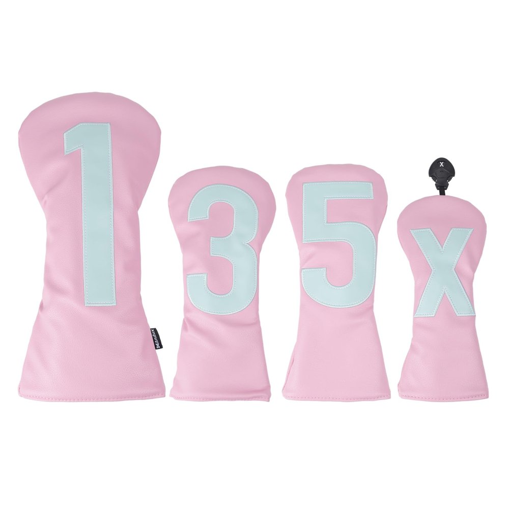 Andux 4Pack/Set PU Large Number Golf 460cc Driver Fairway Woods Hybrids Club Head Covers Pink